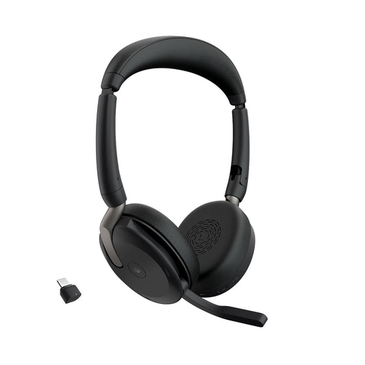 Jabra Evolve2 65 Flex, Ultrakompaktes Stereo Bluetooth Headset Aktive Geräuschunterdrückung (ANC), MS Teams zertifiziert, incl. Bluetooth-Adapter Link