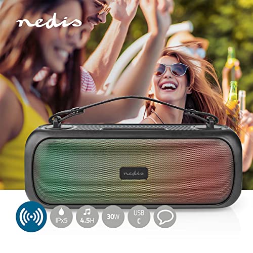 Nedis Bluetooth® Party Boombox | 4.5 Std | 2.0 | 45 W | Schwarz - Medienwiedergabe: AUX / USB | IPX5 | Verknüpfbar | Tragegriff | Partylicht | Schwarz