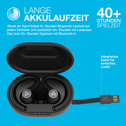 JLab JBuds Air Sport Schwarz - True Wireless In-Ear-Kopfhörer (40 Stunden Akkulaufzeit, Mikrofon, Touch Control)