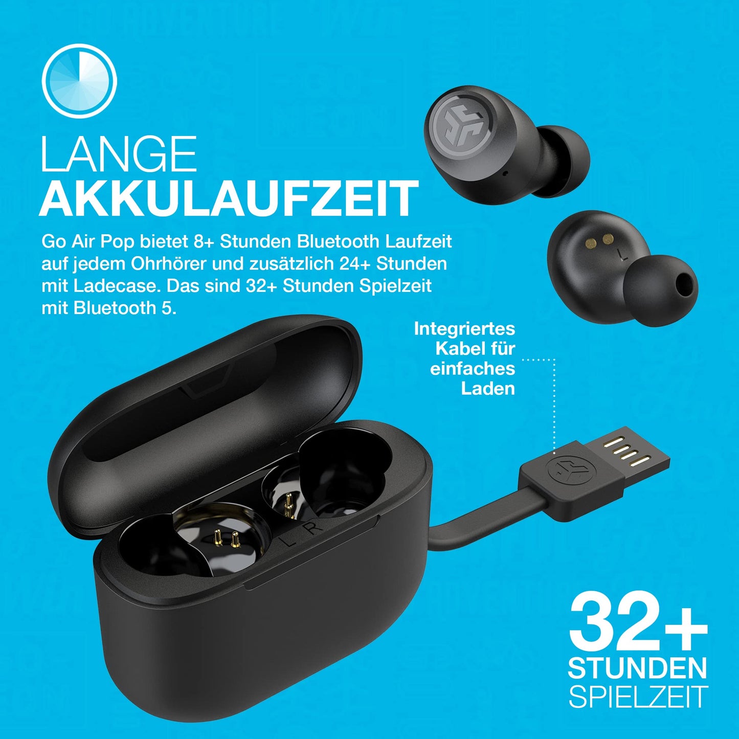 JLab Go Air Pop TWS In-Ear-Kopfhörer Insgesamt mehr als 32 Stunden Spielzeit, Integriertes MEMS-Mikrofon, Wasserfest