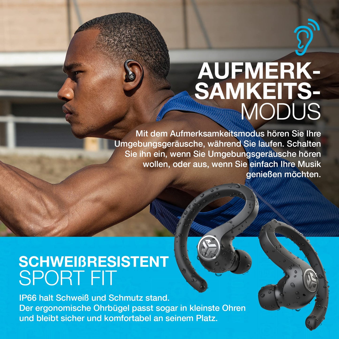 JLab JBuds Air Sport Schwarz - True Wireless In-Ear-Kopfhörer (40 Stunden Akkulaufzeit, Mikrofon, Touch Control)