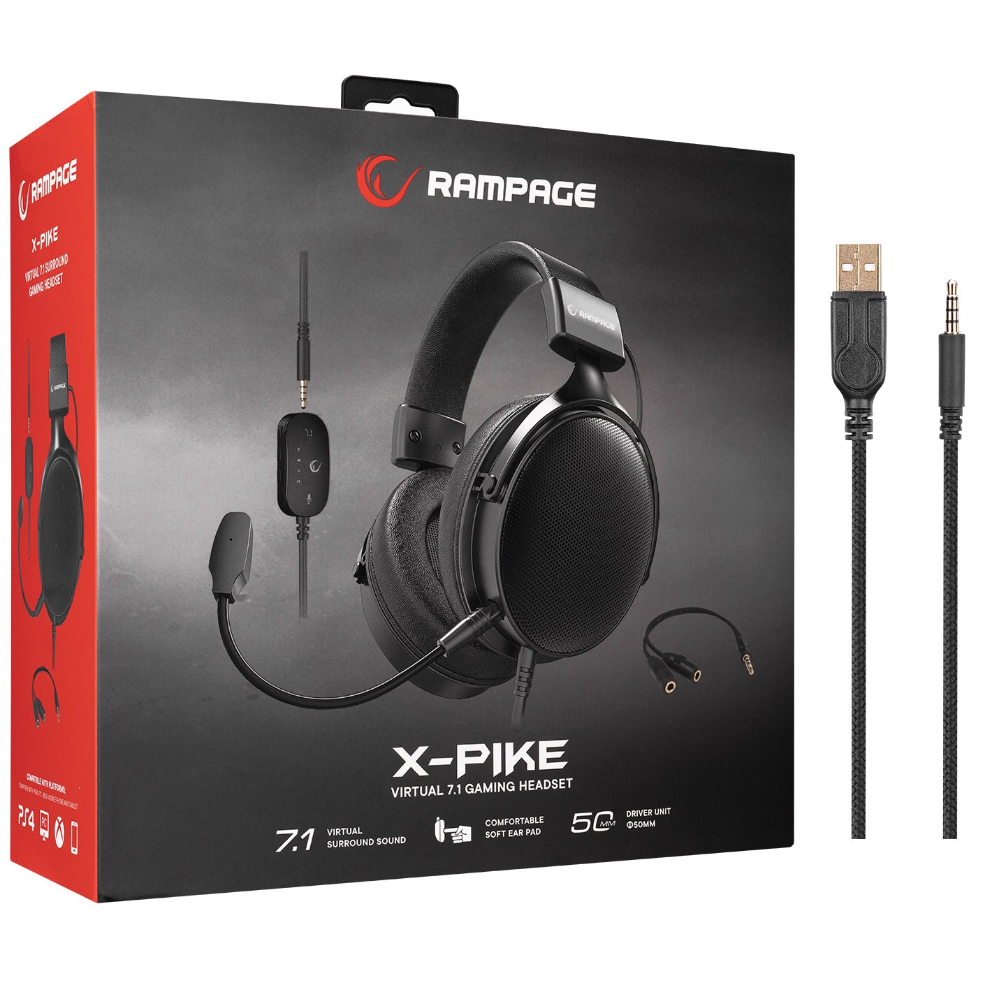 Rampage RM-K99 X-PIKE USB 7.1 Sound Card PC PS Mobile Surround Gaming Headset with Microphone