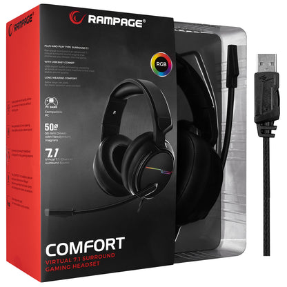 Rampage RGW9 COMFORT Black USB 7.1 Surround Sound RGB Gaming Headset with Microphone