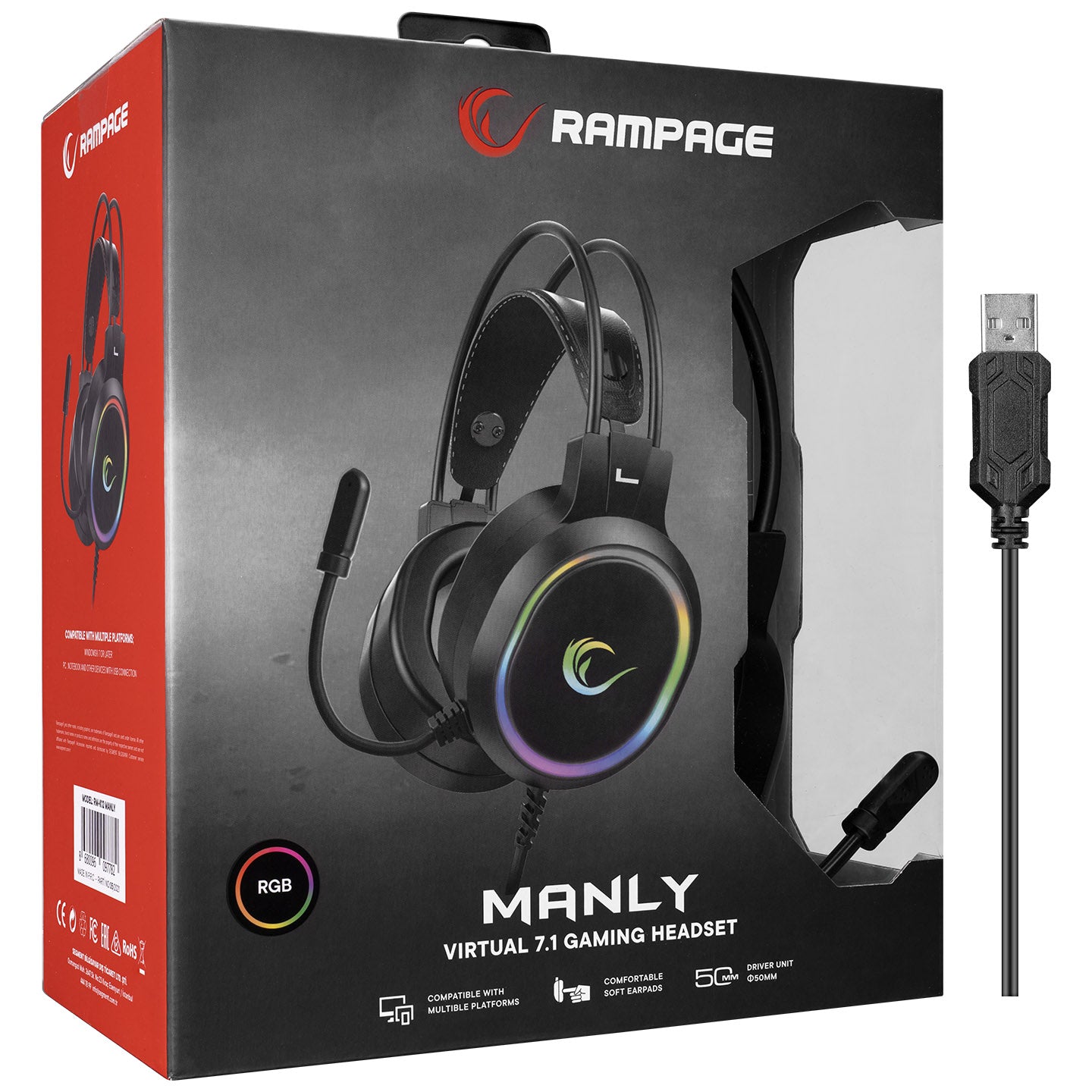 Rampage RM-K12 MANLY Black 7.1 USB Surround RGB Light effect Gaming Headset