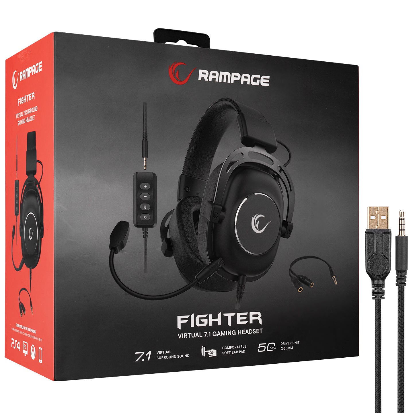 Rampage RM-K89 FIGHTER USB 7.1 with Controller/adapter  PC PS Mobile Surround Gaming Headset with Microphone